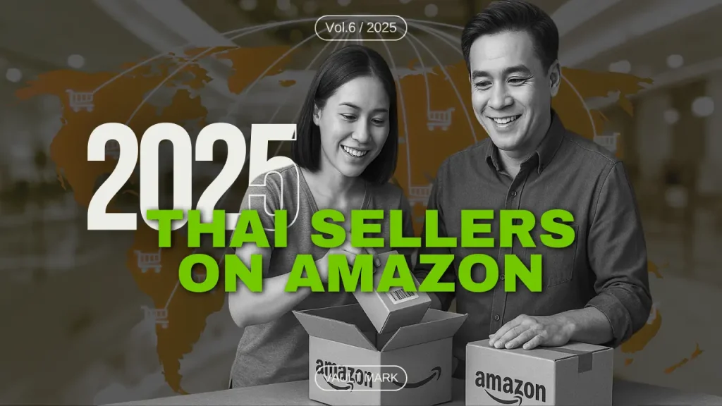 Thai SME packing products into Amazon FBA boxes with a world map showing exports to the US, Europe, and Japan