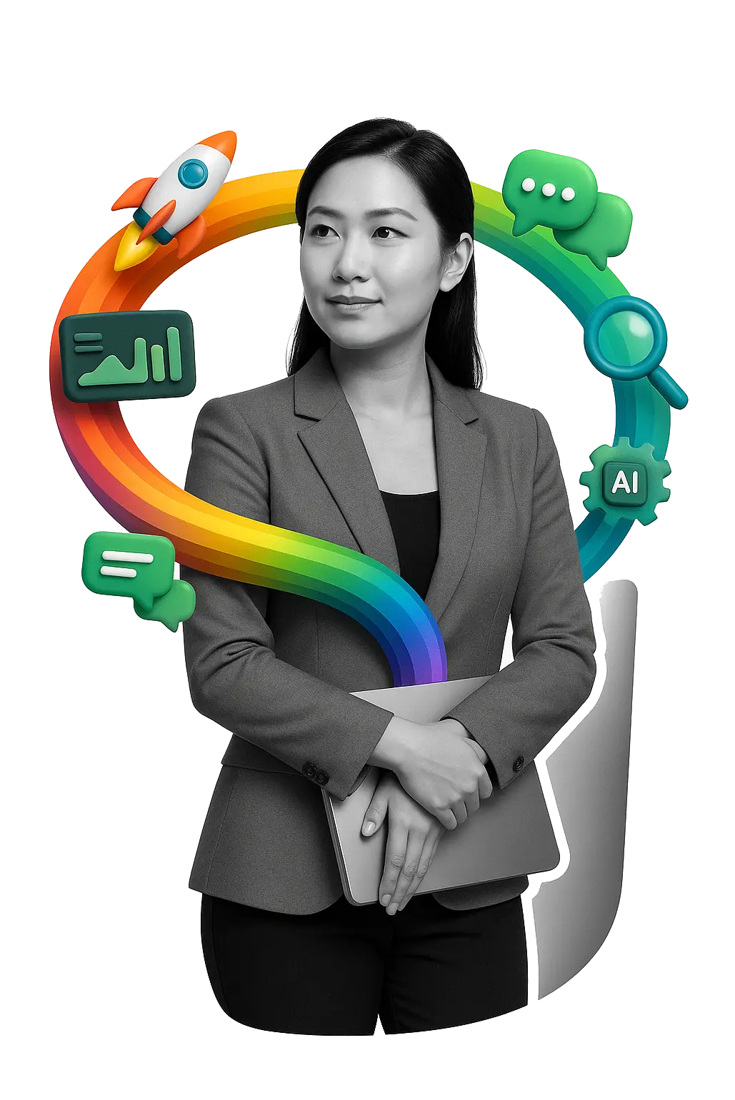 Asian female marketing strategist holding a laptop with rainbow ribbon and AI icons on a white background