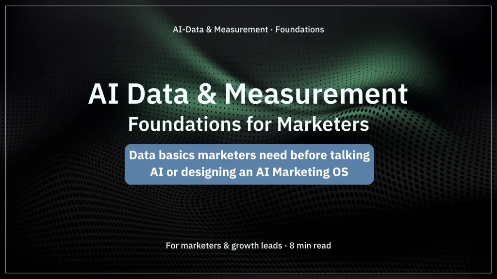 Cover image for the article “AI Data & Measurement Foundations for Marketers” with a blue-gray background and title about data basics before using AI in marketing