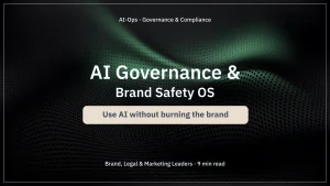Cover image for the article “AI Governance, Brand Safety & Compliance OS: Using AI without burning the brand” with a warm, modern background