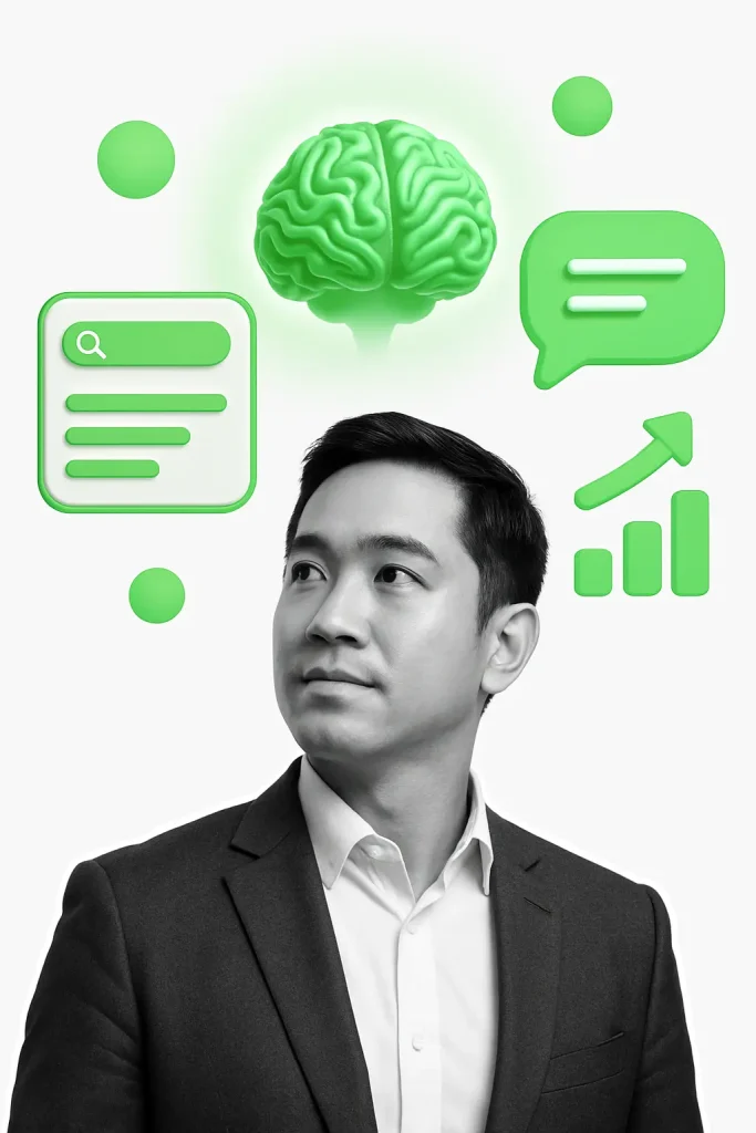Business professional looking up at a green brain icon surrounded by search, chat and growth symbols