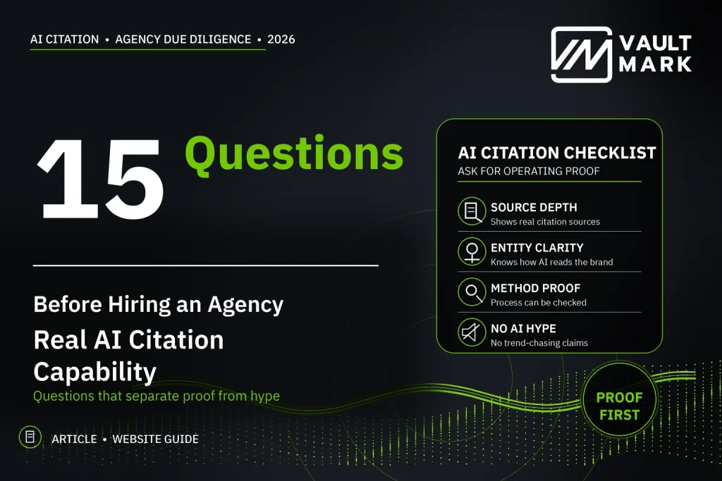 Business leader reviewing an AI citation capability scorecard covering evidence, measurement and data ownership
