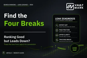 Four-stage diagram tracing search impressions to clicks, key events and qualified pipeline with Search Console, GA4 and CRM evidence points