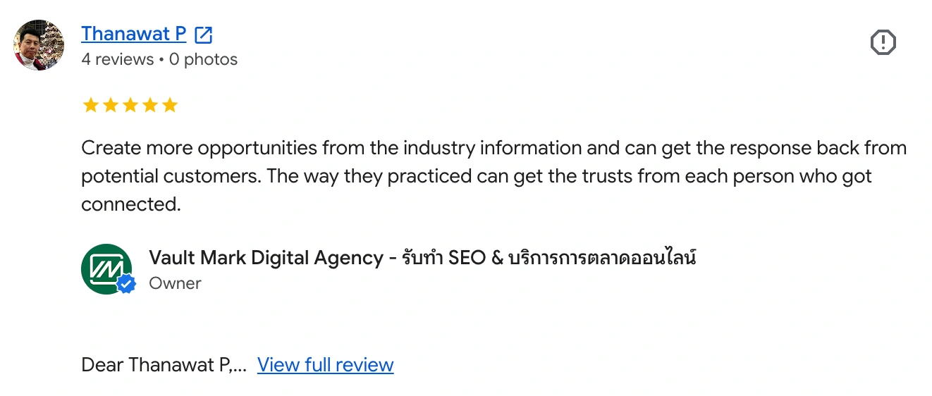 Google review from Thanawat P. for Vault Mark