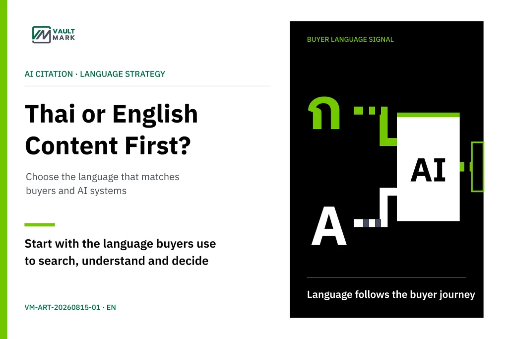 Decision diagram connecting buyer questions and revenue markets to Thai-first, English-first or paired bilingual content for AI citation