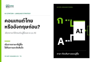 แผนภาพการตัดสินใจเลือกคอนเทนต์ภาษาไทย ภาษาอังกฤษ หรือคู่สองภาษา โดยเชื่อมคำถามผู้ซื้อ ตลาดรายได้ และ AI citation