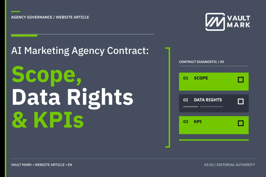 Business leaders reviewing an agency agreement beside a three-part visual for scope, data and AI control, and KPI decision rules