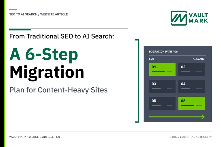 Diagram sorting legacy SEO content into Keep, Upgrade, Merge, Redirect, Retire and Create decisions before AI Search migration
