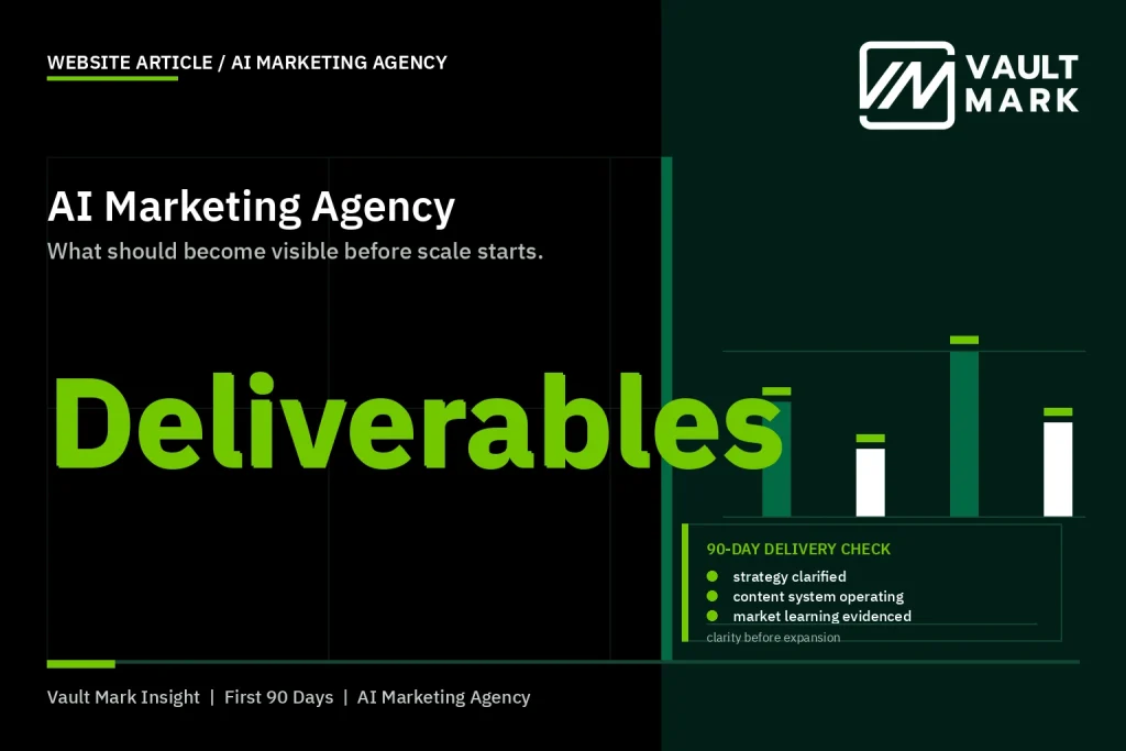 Business leaders and agency team reviewing 30-, 60- and 90-day deliverables with measurement evidence and named owners